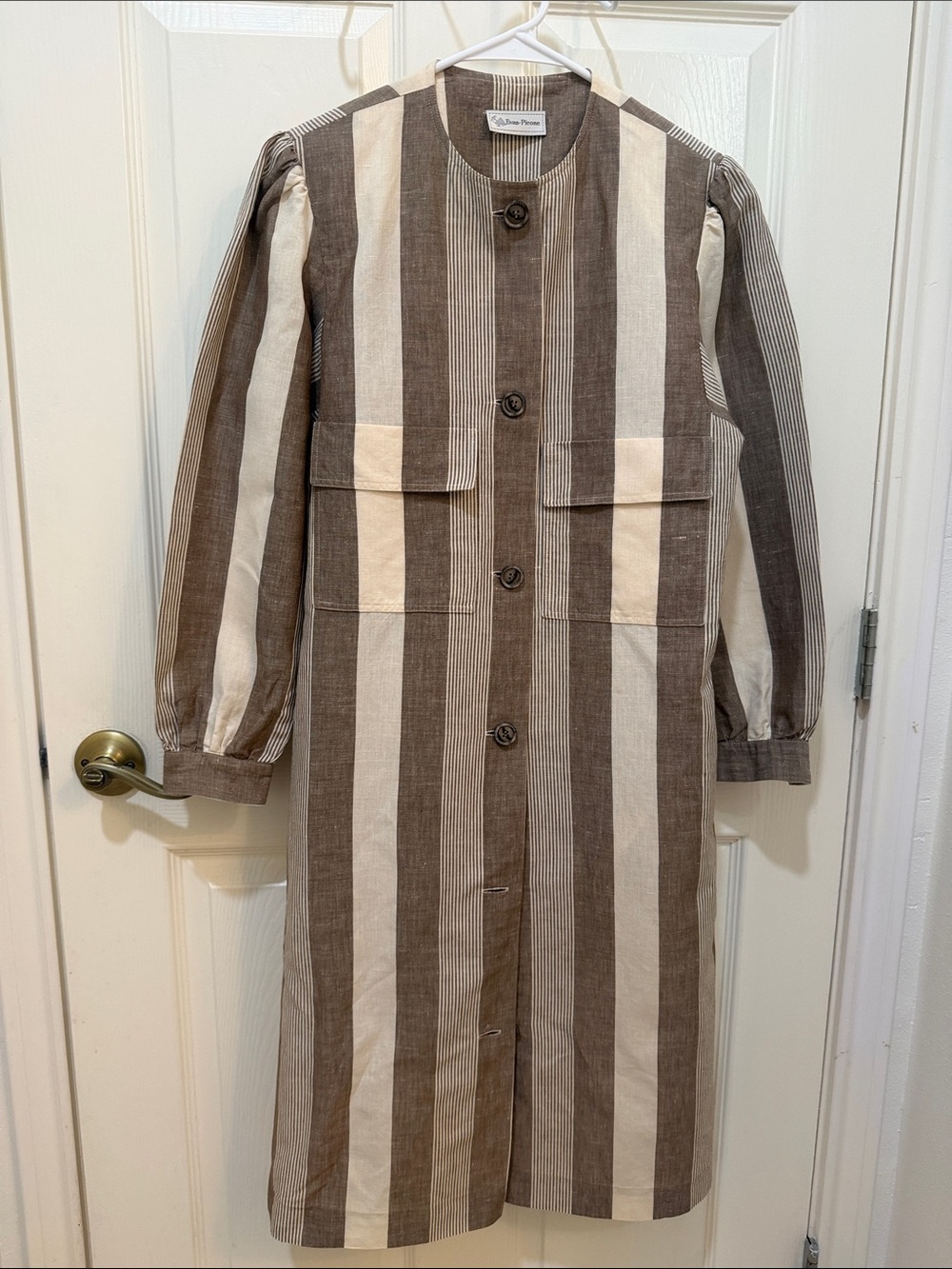 Vintage Evan Picone Brown and Cream Striped Linen Button-Front Midi Dress Size10
